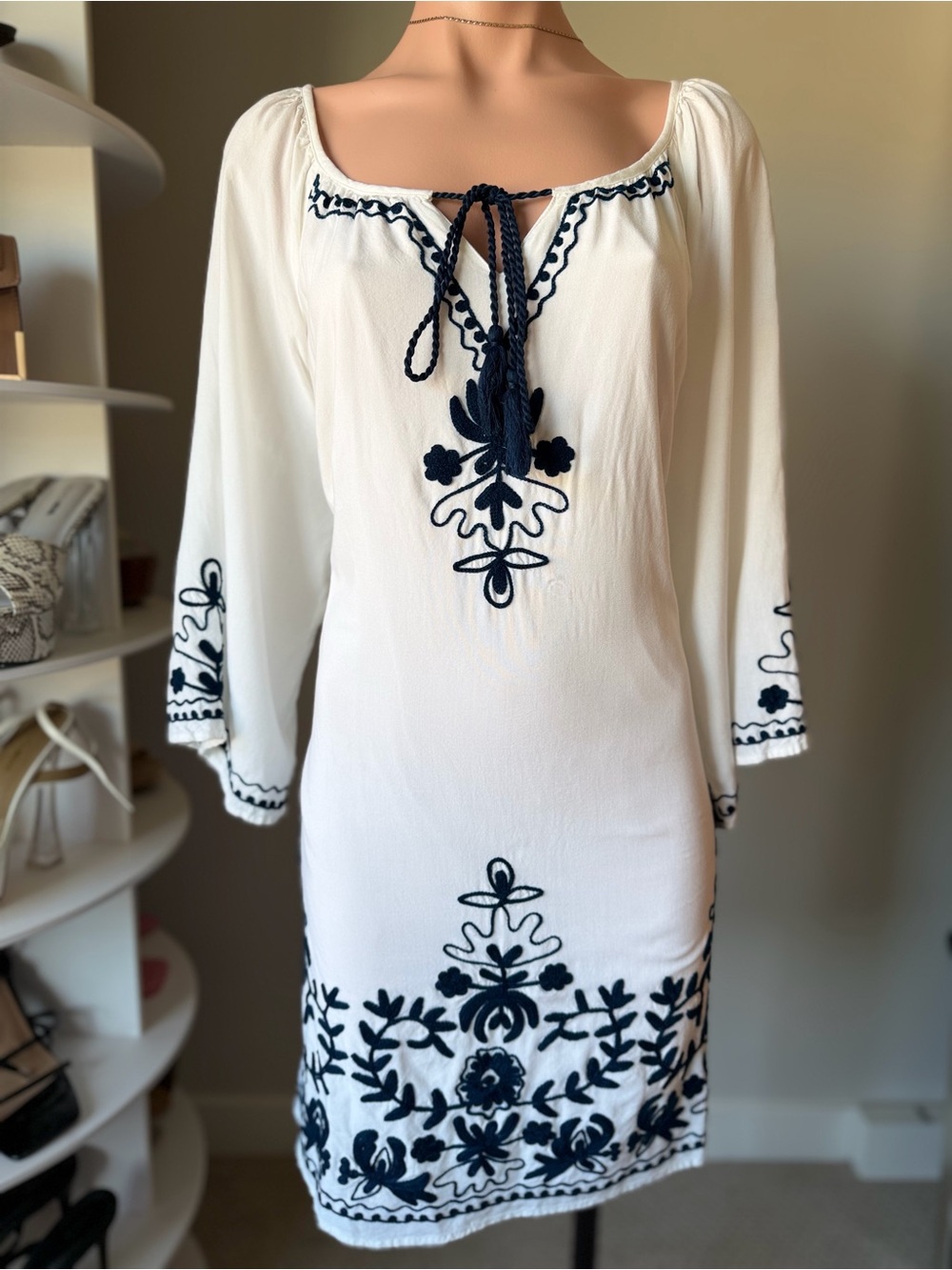 White Tunic Dress with Navy Embroidery
